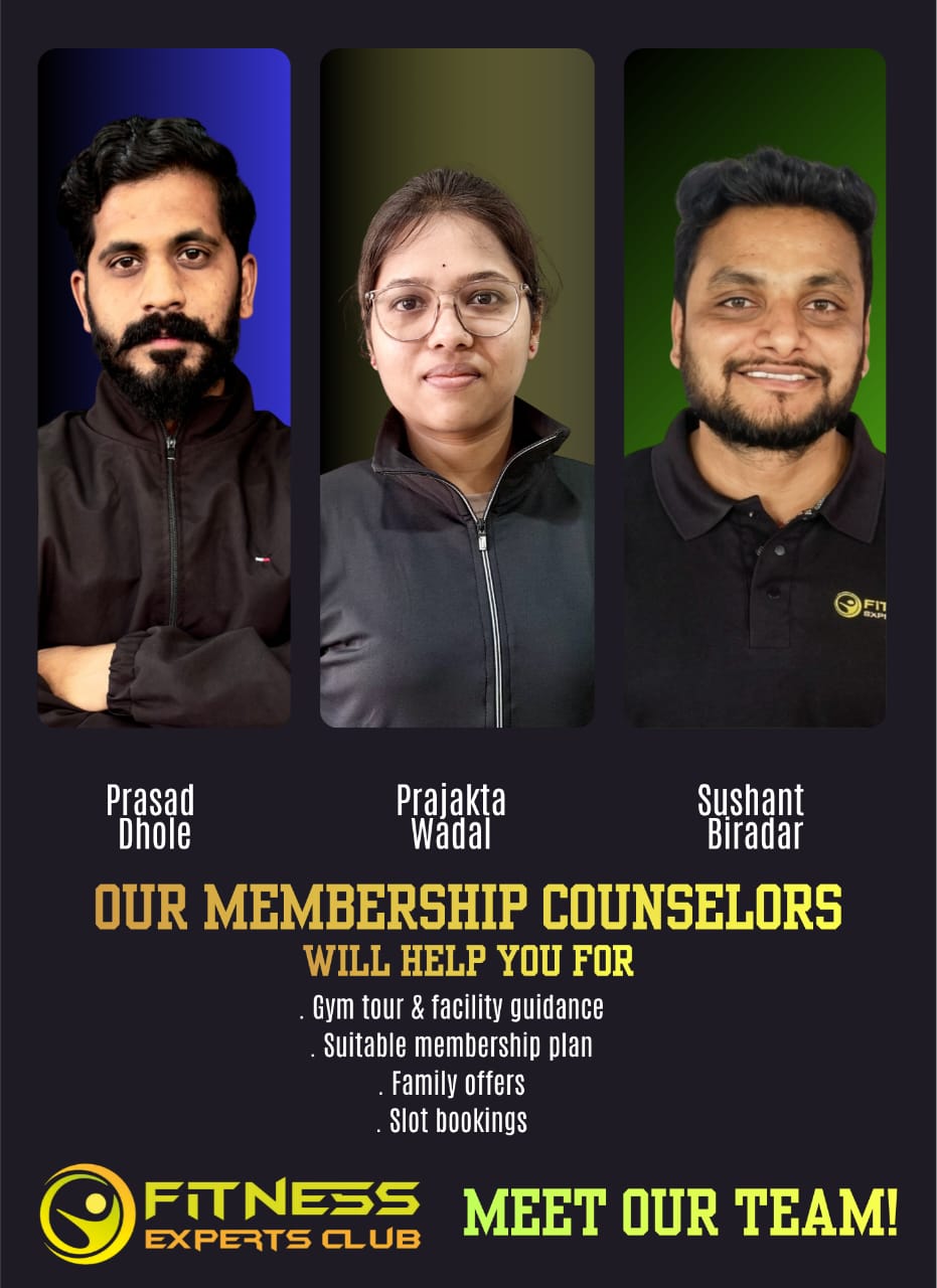 Fitness Experts Club membership counselors: Prasad Dhole, Prajakta Wadal, Sushant Biradar