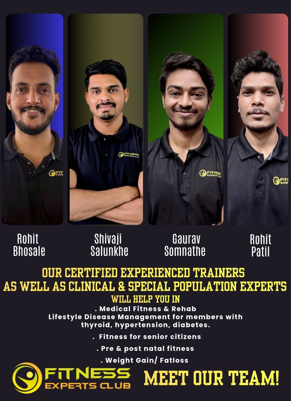 Fitness Experts Club experienced clinical trainers: Rohit Bhosale, Shivaji Salunkhe, Gaurav Somnathe, Rohit Patil