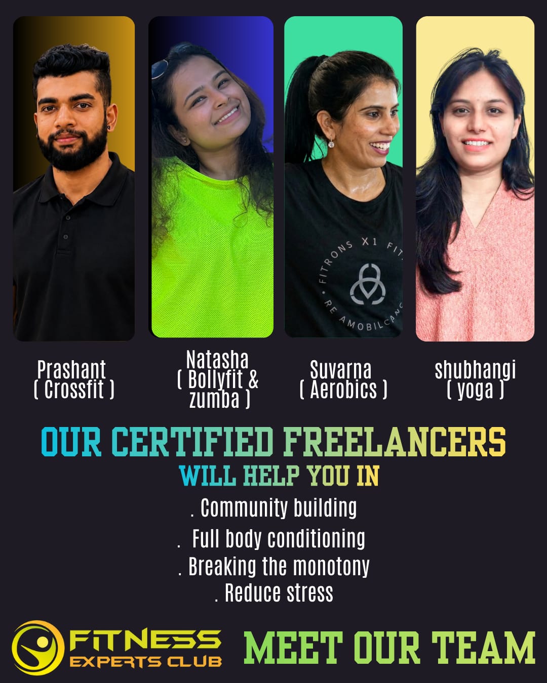 Fitness Experts Club certified freelancers: Prashant, Natasha, Suvarna, Shubhangi