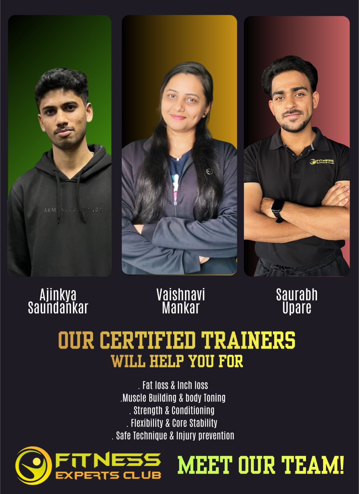 Fitness Experts Club certified trainers: Ajinkya Saundankar, Vaishnavi Mankar, Saurabh Upare